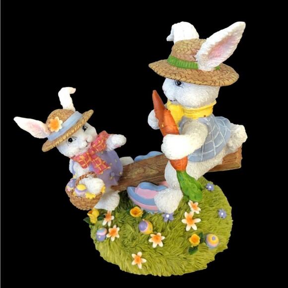 Bunnies on a Seesaw Figure Easter Decor Colorful Spring Polystone? Moveable - Picture 1 of 10